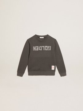 Distressed gray sweatshirt with crystal lettering