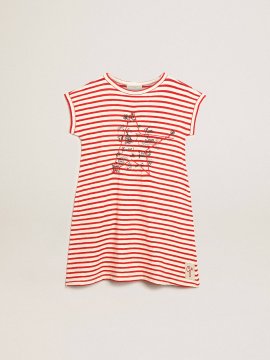 Mini dress with white and red stripes and embroidery on the front