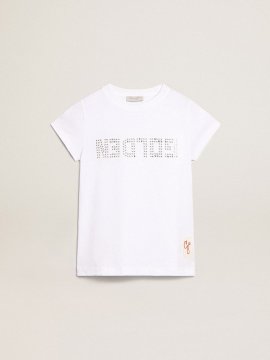 White T-shirt with central Golden lettering in crystals