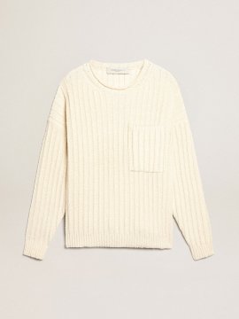 Round-neck sweater in papyrus-colored cotton-blend yarn