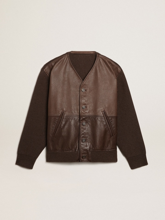 Chocolate-colored leather and knit V-neck cardigan