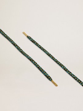 Light blue and black animal-print laces with contrasting gold stars