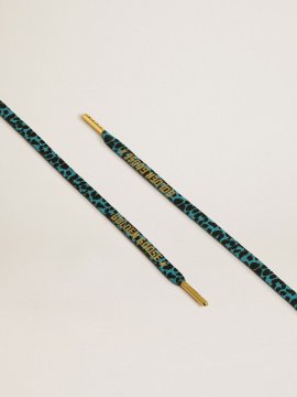 Light blue and black animal-print laces with contrasting gold-colored logo