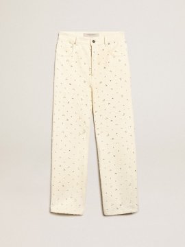 Journey Collection Kim jeans in off-white cotton with diamond patterns and the addition of beads and crystals
